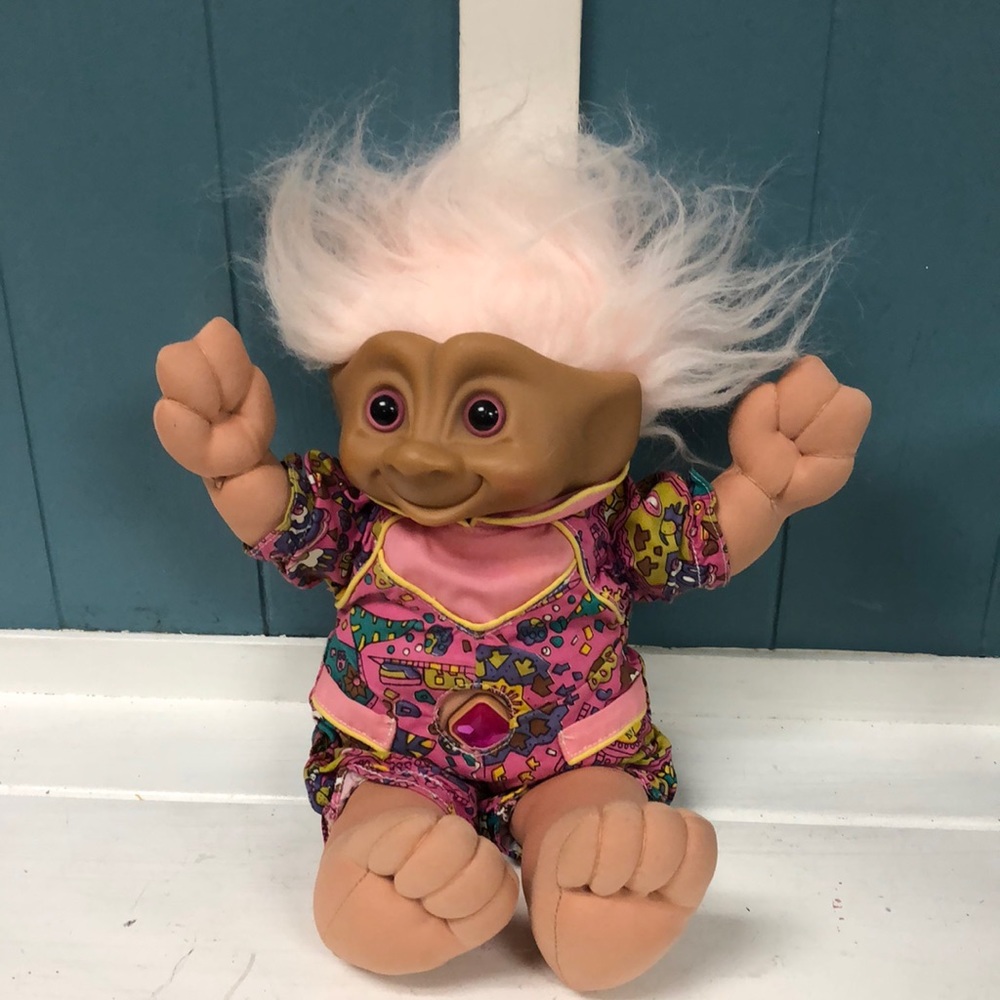 16" Ace Novelty 1991 Treasure Troll Doll With Pink Hair Pink diamond Jewel